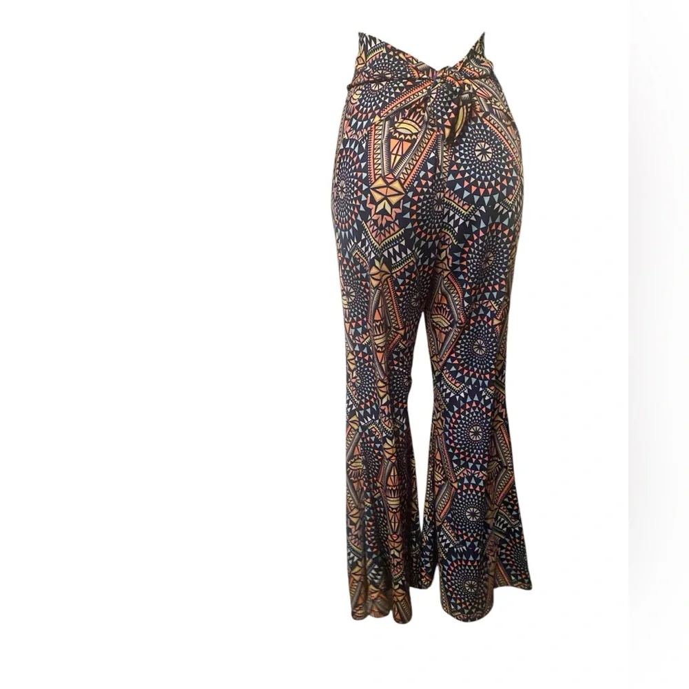 L&B Geometric Flare Pants - Blue, Coral, Tan - Picture 2 of 5